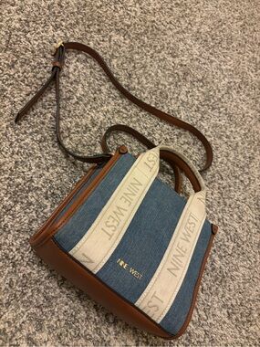 Nine West Blue Denim and Brown Leather Crossbody with Cream Logo Straps